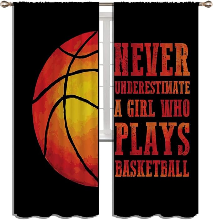 Red Basketball Blackout Curtains for Boy Girl Room Darkening Decor,Sport Theme and Motto Dark Background Bedroom Living Room Home Rod Pocket Thermal Insulated Window Curtain/Drapes Panel,84x72 Inch…