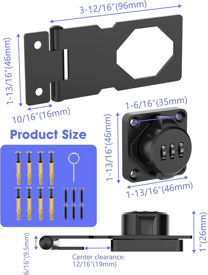3.5Inch Mechanical Password Rotary Hasp Latch Locks, 3-Digit Cabinet Combination Lock for Small Doors, Cabinets, Barn Door, Closet, Kitchen Drawers, Cupboard (Black -1pc)