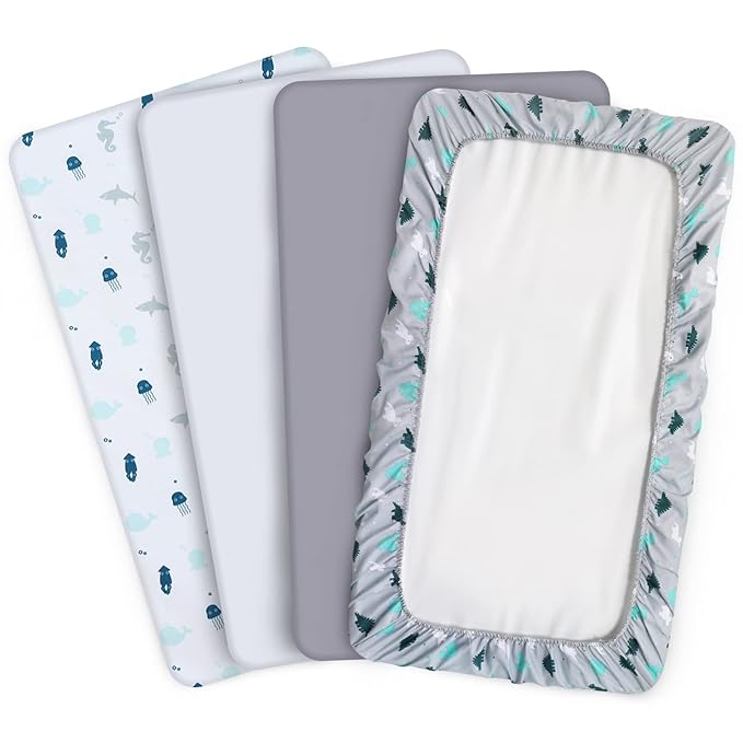 Crib Sheets for Boys or Girls 4 Pack, Baby Crib Sheets 52'' x 28'' for Standard Crib & Toddler Mattress, Soft and Breathable Material, Baby Crib Sheet Neutral, Grey Dinosaurs & Ocean
