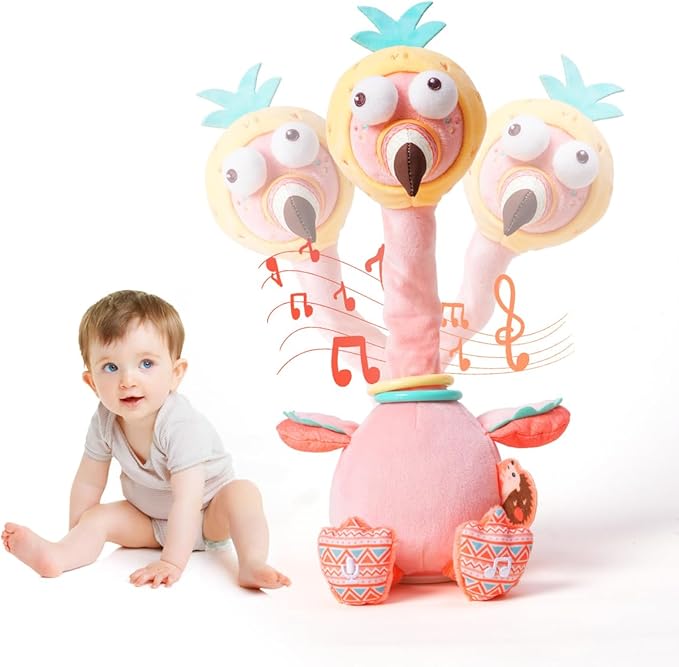 Jollybaby Plush Talking Singing Dancing Musical Flamingo Toy for Toddlers 1-3 Just Like Cactus Toy, Music Mimicking Interactive Toy for Crawling Kids, Sensory Stuffed Toy Gift for Baby 0-6-12 Month