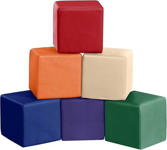 Foam Building Toys for Toddlers: 6Pcs Waterproof PU Leather Soft Foam Blocks - Colorful Large Stacking Blocks - Early Learning Construction Play Set for Kids Indoor Birthday Gift Preschool (Rainbow)