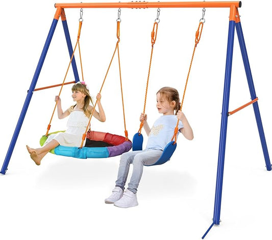 GIKPAL Swing Set with Stand for Kids, Outdoor Swing Sets for Backyard with 32 Saucer and 26.2" Seat, Heavy Duty Metal A-Frame Holds 440 lbs