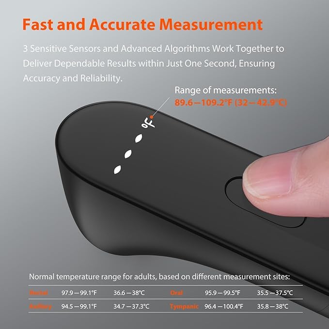 iHealth No-Touch Digital Forehead Thermometer for Adults, Babies, Kids - FSA HSA Eligible, 3 Ultra-Sensitive Sensors, Quiet Vibration Feedback, Large LED Digits, Easy to Use for Home, PT3 Black