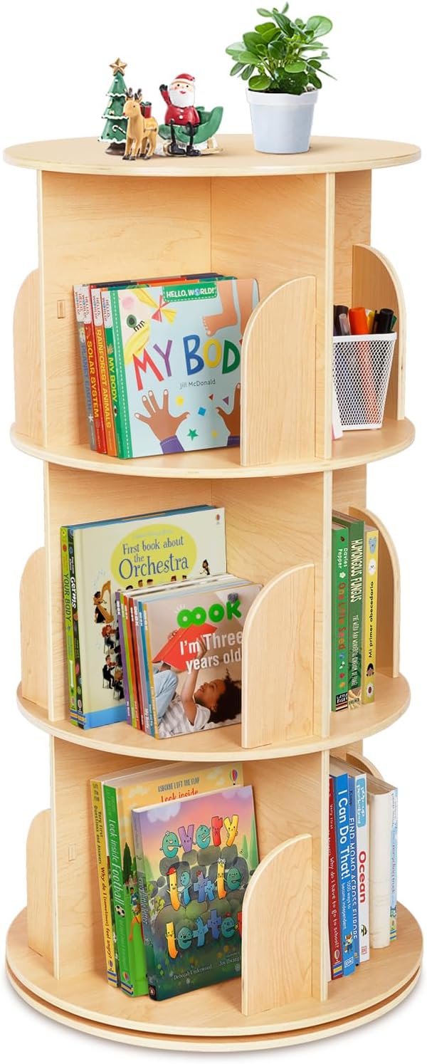 OOOK Kids Rotating Bookshelf, Small Corner Bookshelf for Small Space, 360° Display 3 Tier Floor Standing Bookcase Storage Rack, Wooden Narrow Bookcase Organizer for Bedroom, Living Room