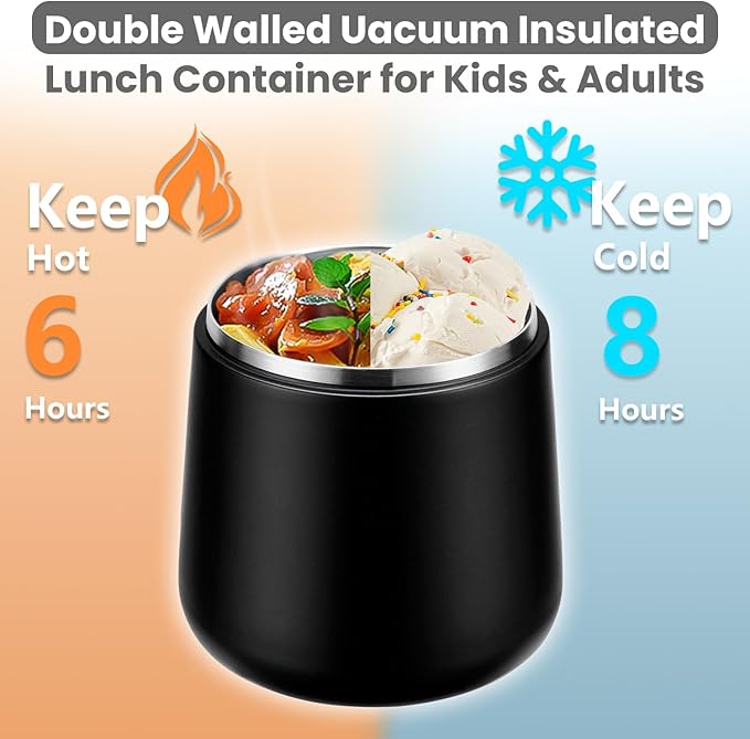20oz Insulated Vacuum Food Jar with Buckle Lid,Soup Thermo for Hot Food Kids,Wide Mouth Leakproof Stainless Steel Lunch Container with Spoon-Black