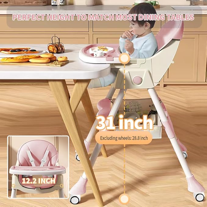 High Chairs for Babies and Toddlers, 4 in 1 Convertible Baby High Chair, Portable High Chair for Travel with Adjustable Height and Back, Foldable HighChair with Wheels& Pu Cushion