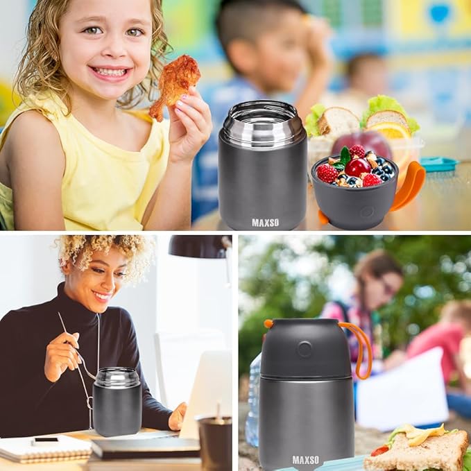 Insulated Thermo Food Jar for Hot & Cold Food for Kids Adult, 17&24 oz Soup Thermal Hot Food Containers for Lunch, Triple Layer Insulation Stainless Steel Food Jar with Spoon (2 Pack Grey)