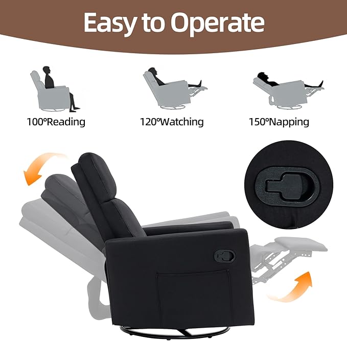 Swivel Rocker Recliner Chair, Upholstered Fabric Nursery Rocking Glider Chair with Adjustable Backrest and Footrest, Lay Flat Recliner Single Lazy Sofa for Living Room, Black