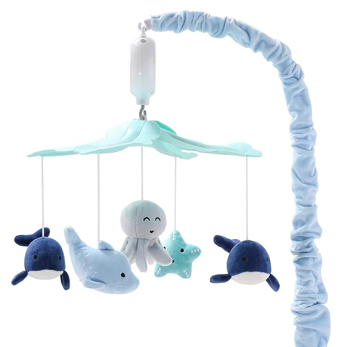 The Peanutshell Crib Mobile for Boys or Girls - Light and Dark Blue Musical Baby Crib Mobile with 12 Lullabies, Ocean Baby Nautical Nursery Decor