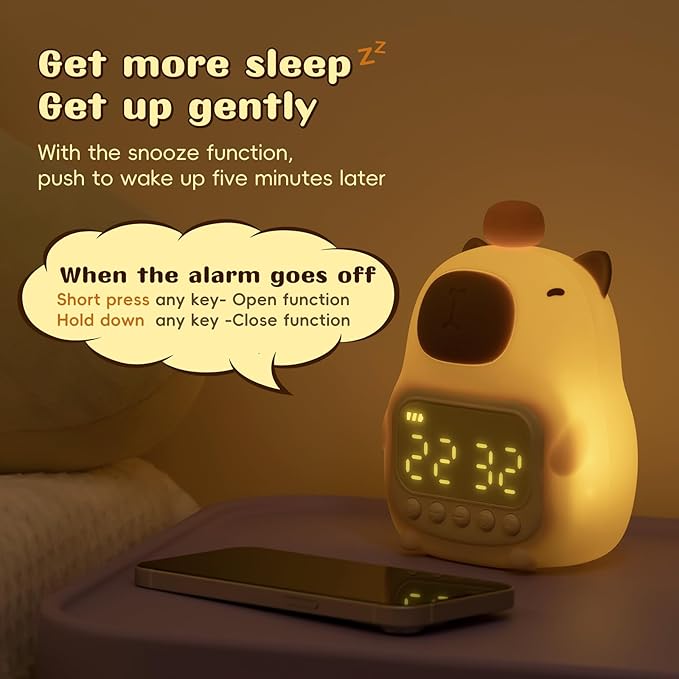 Capybara Alarm Clock with Night Light for Kids, 7 RGB Color Cute Alarm Clocks for Bedrooms Ok to Wake Clocks, Silicone Animal Tabletop Lamp for Teen Girls Boys