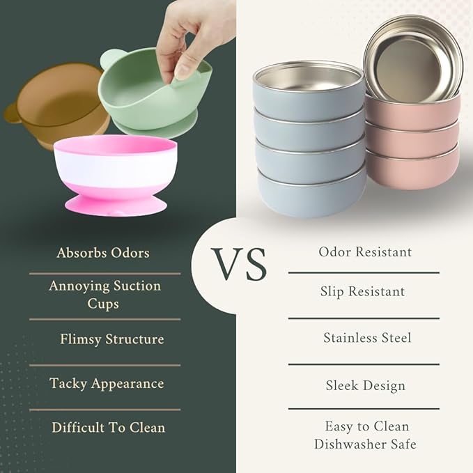Monkey Proof™ Non-Toxic Stainless Steel Child Bowl 5” with Non-Slip Silicone Shell, (Set of 4 bowls) Unbreakable, Mess Free Feeding for Babies, Toddlers, Kids, BPA free (Mauve)