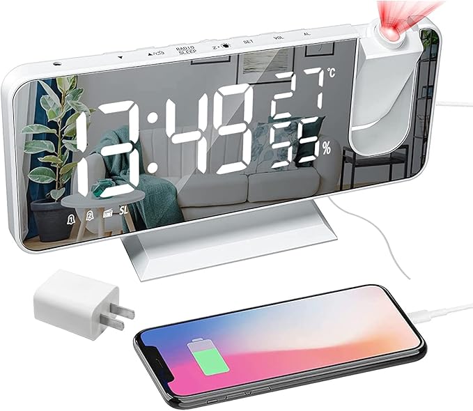 Projection Digital Alarm Clock for Bedrooms, Clock Radio on Ceiling, USB Charger Port, Temperature & Humidity Display, 7.3” Large Mirror LED Display,12/24H,Snooze,Dual Loud Alarm Clock- 4 Dimmer