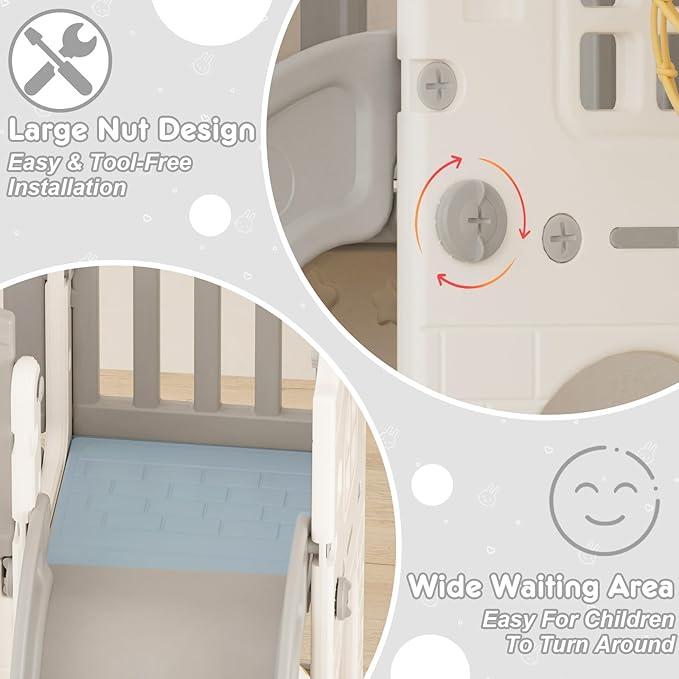YUFU 8 in 1 Toddler Slide Set, Kids Slide for Toddlers Age 1-3, Toddler Playset with Climber, Basketball Hoop and Ball, Outdoor Indoor Playground for Toddlers 1-3 (Beige+Gray)