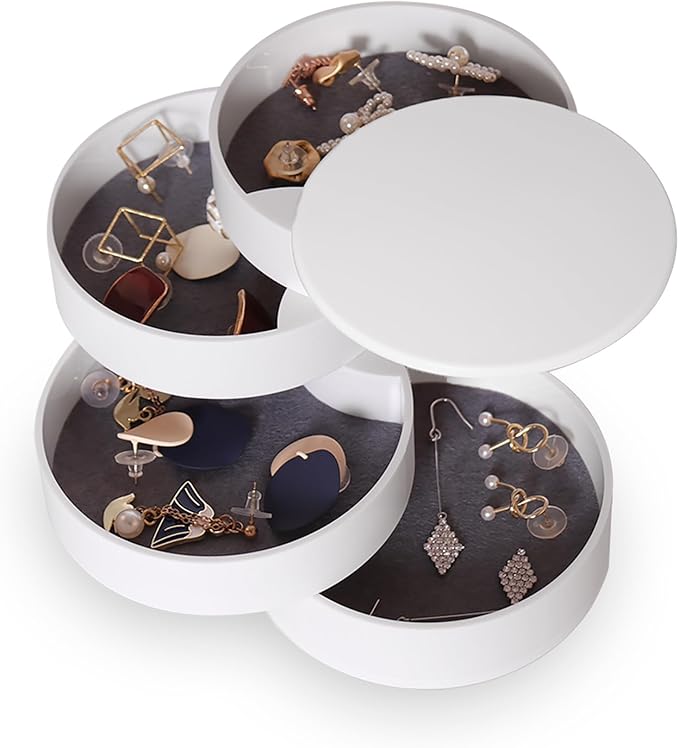 CONBOLA Jewelry Organizer, Small Jewelry Storage Box Earring Holder for Women, 5-Layer Rotating Travel Jewelry Tray Case with Lid for Bracelets Rings Bracelets, Gift for Women Teen Girls(White)