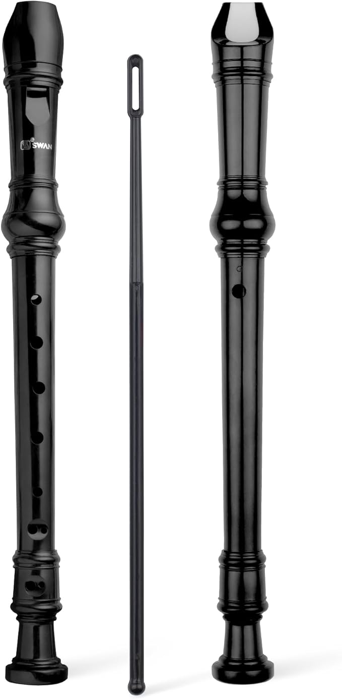 SWAN Soprano Recorder Instrument for Beginners Kids Student - German Fingering 8 Hole Flute Descant Recorders with Cleaning Rod Fingering Chart, Black