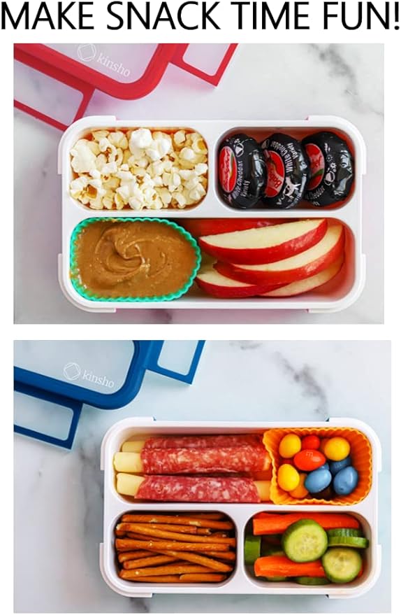 kinsho Snack Containers - Small Bento Lunch Box for Kids Girls Boys Toddlers | MINI Leakproof Boxes, Baby Bentobox for School Daycare Travel, Portion Containers, 2 pack, Red Navy Blue
