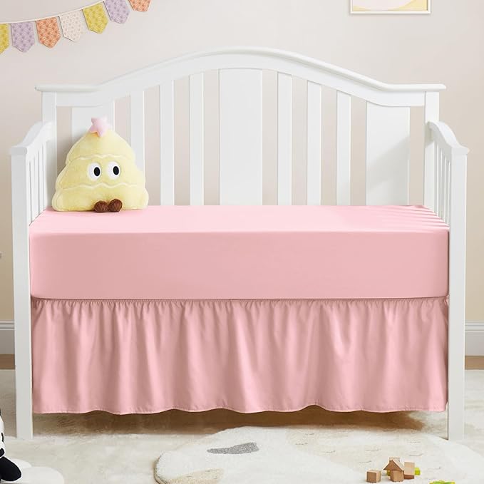 Horbaunal 2 Pack Set Crib Skirt & Crib Bed Sheet, Pink Crib Bed Skirt 28" x 52" with 14" Drop Dust Ruffle, Soft Microfiber Toddler Bedskirt Nursery Bedding Skirt for Baby Girls and Boys