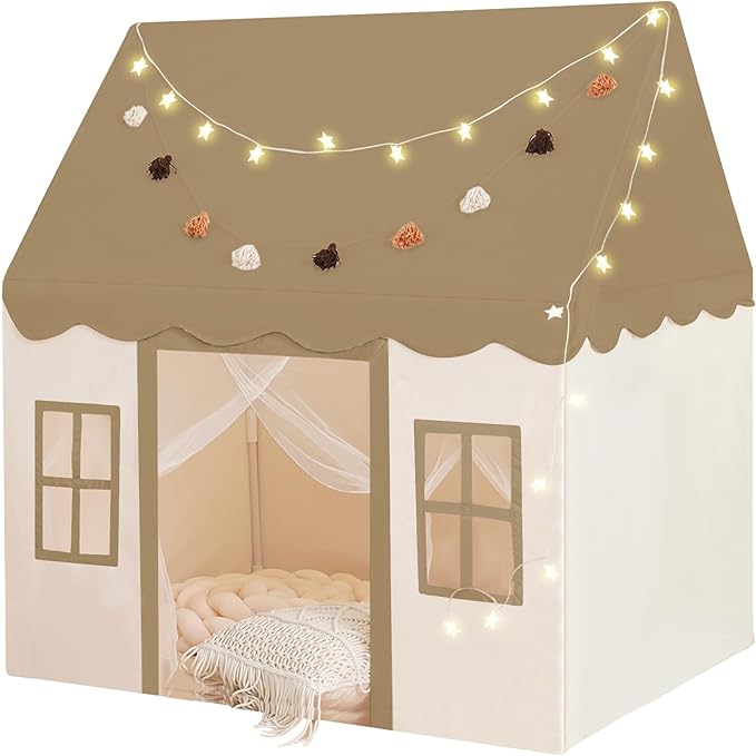 Play Tent with Mat, Star Light Large Kids Playhouse with Windows Easy to Wash, Indoor and Outdoor Play Tents for Kids, Little Dove Toys for Girls, Boys, 47x40x52 (Brown Playhouse, Large Size)