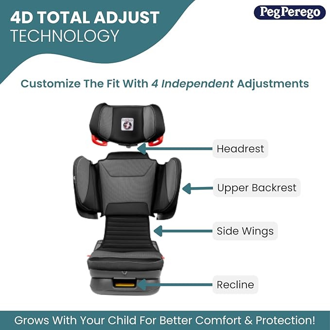 Peg Perego Viaggio Flex 120 Booster, 4D Total Adjust for Safety & Comfort, No Armrests, Compact Fold for Travel, 40-120 lbs, Made in Italy, Licorice (Black)