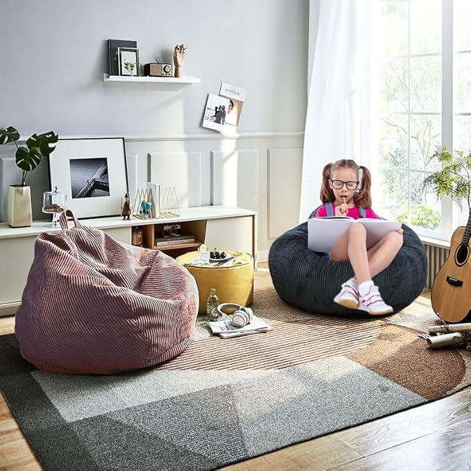 Classic Bean Bag Chair, with Faux Rabbit Fur Cover for Teens and Kids, Memory Foam Bean Bag Chairs, Ultra Soft Faux Fur Fabric, 2.5 feet Round Fluffy Bean Bag Sofa