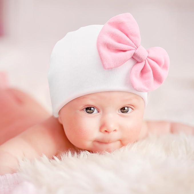 BQUBO Newborn Baby Hats Mittens Set Hospital Hat Beanie Infant Bow Hats Baby Gloves No Scratch Mittens for 0-6 Months