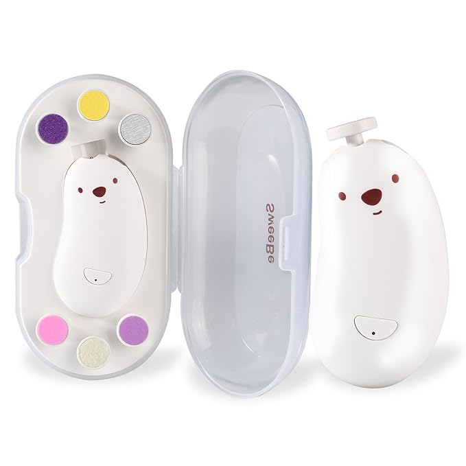 Baby Nail File Electric, Gentle Rechargeable Nail Trimmer, Baby Nail Clippers Grooming Kit Manicure Set for Infant Toddler or Adults, 6 Grinding Head Replacement Pads White