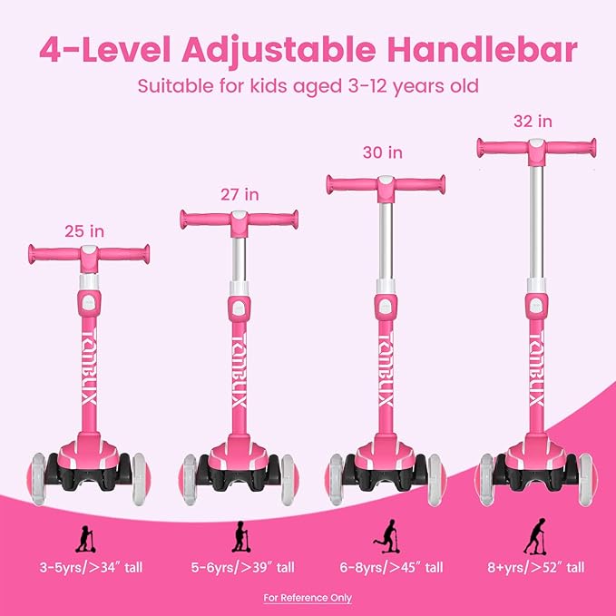 TONBUX Kids Scooter for Age 3-12, Toddler Scooter with 4 Adjustable Heights, Light Up 3-Wheels Scooter, Shock Absorption Design, Lean to Steer, Balance Training Scooter for Kids