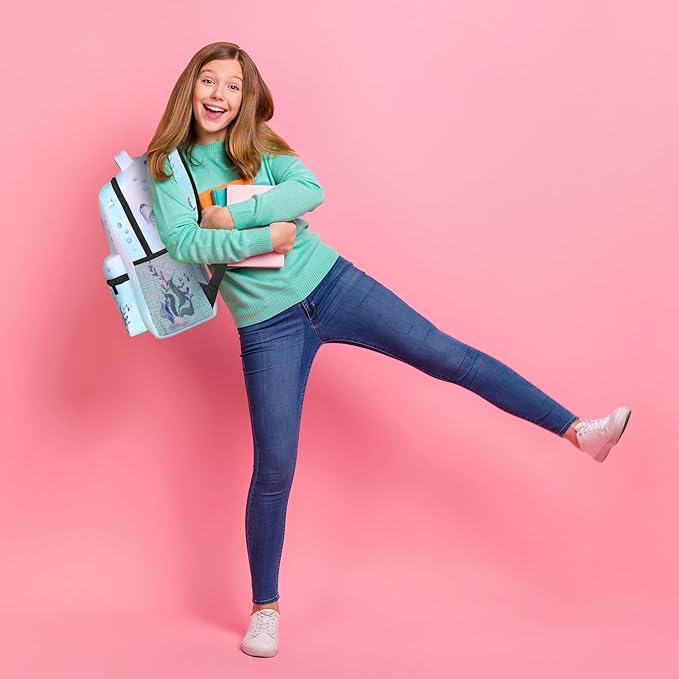 Girls Mermaid Backpack, Girl's Dreamy Underwater World School Bag with Jellyfish & Starfish Prints, Kawaii Lightweight Bookbag for Girls Boys Age 5-12, Ideal for School Travel Outdoor Hiking