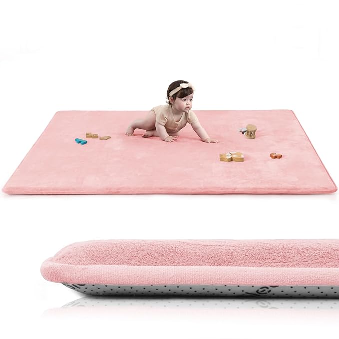 Baby Play Mat for Floor,1.3" Thick Elasti-Foam 50"×74" Playpen Mat for Tummy Time,Water Repellent Soft Coral Velvet for Toddler,Infant,Kids,Non-Slip Backing Safe for Crawling(Pink)