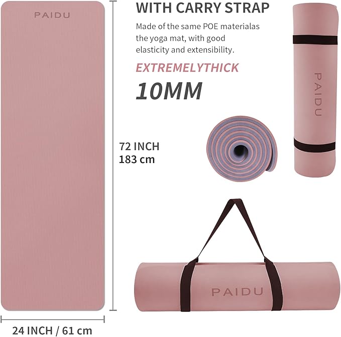 Yoga Mat Non Slip Anti-tear,extra thick-2/5 inch（10MM）High Resiliency Professional POE Yoga Mats for Women Men Kids,72"x24"inch,Workout, Yoga, Pilates and Floor Exercise, with Carrier Strap