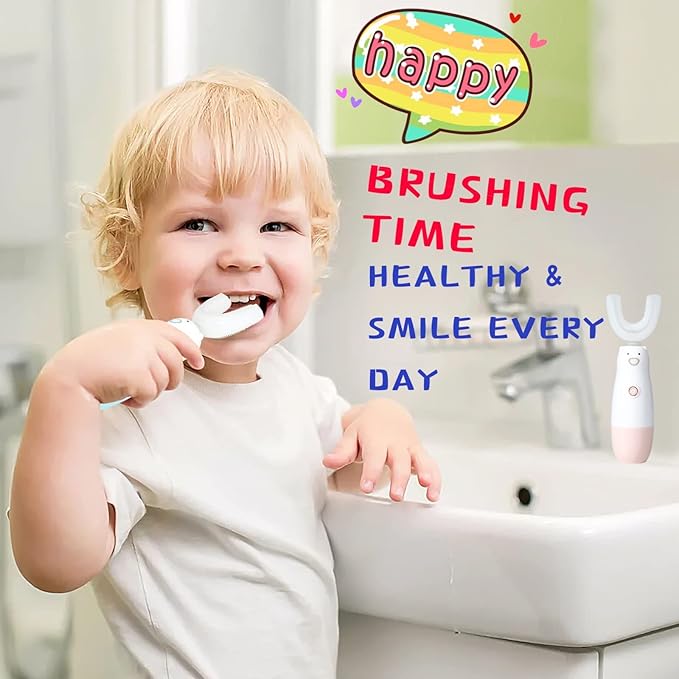 Kids Electric Toothbrush，U Shaped Toothbrush Waterproof Battery Powered 360 Automatic Sonic Toddler Toothbrushes for 8-13 Years Old for Boys Girls,with 2 Replacement Brush Heads（Pink）