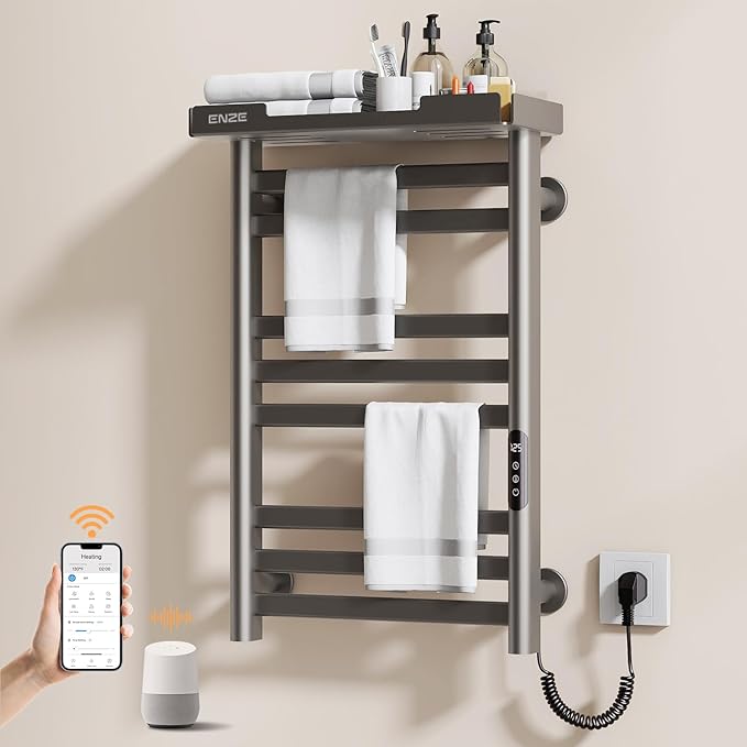 ENZE Heated Towel Rack with Shelf and Wi-Fi App Control, 8 Bars Electric Wall Mounted Towel Warmer with Timer & Adjustable Temperature, Low Carbon Steel, Plug-in/Hardwired, Gray