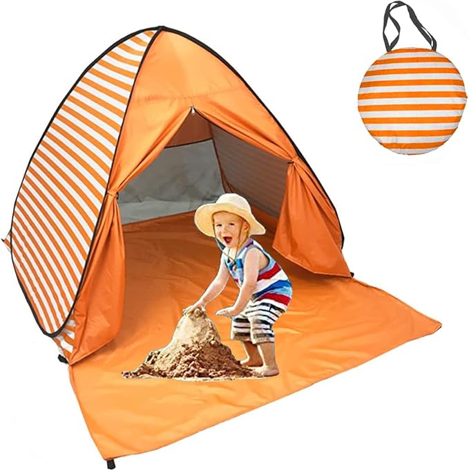 Pop Up Beach Tent Shade Sun Shelter UPF 50+ Canopy Cabana 2-3 Person for Adults Baby Kids Outdoor Activities Camping Fishing Hiking Picnic Touring (Orange Stripes)