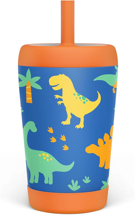 Kid Insulated Stainless Steel Tumbler with Silicone Straw, 12oz Sippy Cup for Kids (Dinosaurs)