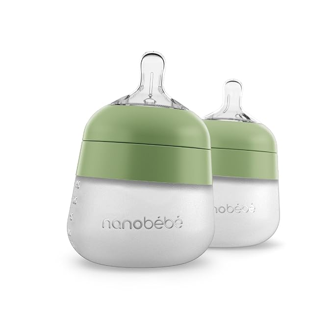 Nanobebe Flexy Silicone Baby Bottle, Anti-Colic, Natural Feel, Non-Collapsing Nipple, Non-Tip Stable Base, Easy to Clean 2-Pack, Sage, 5 oz