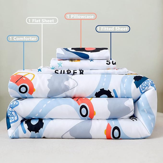 PERFEMET Car Toddler Bedding Kids 4 Pieces Bed in A Bag for Boys Vehicles Truck Toddler Girl Comforter Sets with Bed Sheets Modern Bedroom Collection, White