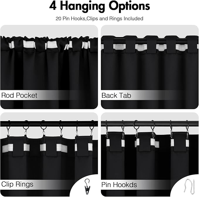 ANRODUO Back Tab Blackout Curtains for Bedroom Living Room, Rod Pocket Pinch Pleated Thermal Insulated Room Darkening Curtains 120 Inches Long 2 Panels, Black, 52 x 120 Inch
