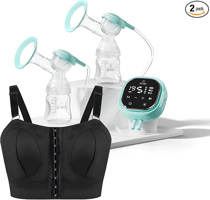 Zomee Z2 Double Electric Breast Pump - Shabbat Mode Edition - Portable, Hands Free Pumping Hospital Grade Wearable Breast Pump Including; Black Bamboo Pumping Bra (Medium)