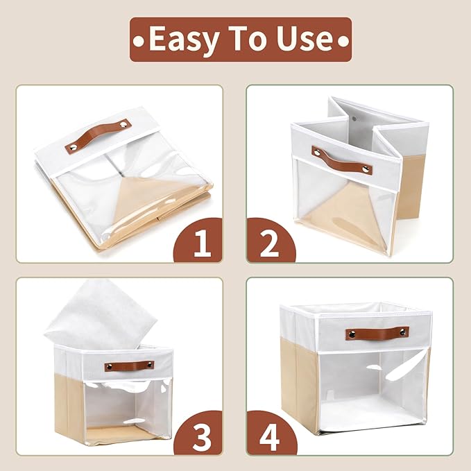 HNZIGE Fabirc Storage Cube Bins 13x13x15 Storage Cube Bins, 4 Pack Foldable Decorative Clear Cube Storage Bins for Cube Organizer Canvas Cubby Storage Organizer Bins for Shelves Pantry- White Beige