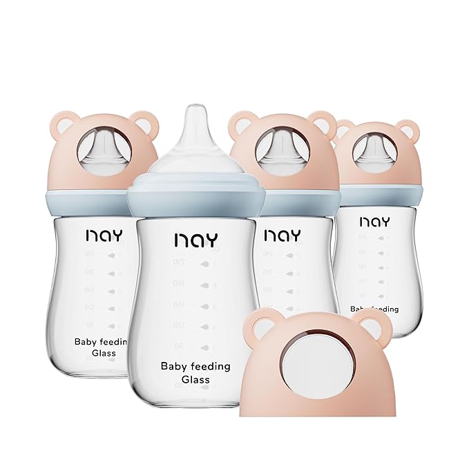 Natural Glass Baby Bottle for Breastfeeding Babies, 8oz Anti-Colic Baby Bottle with Natural Response Nipple(M), Clear, Wide Neck, 4 Pack, 3 Months+