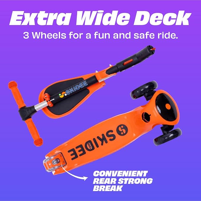 SKIDEE Kick Scooters for Kids Ages 3-5, Adjustable Height Foldable Scooter with Removable Seat, 3 LED Light Wheels, Rear Brake, Wide Standing Board, Suitable Up to 12 Year Old Boys/Girls