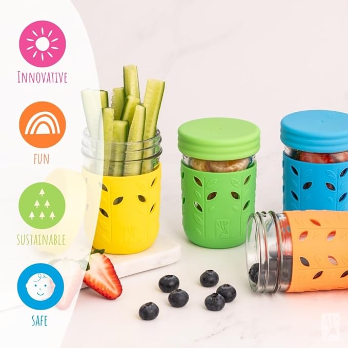Elk and Friends Kids & Toddler Cups | The Original Glass Mason jars 8 oz with Silicone Sleeves & Silicone Straws with Stoppers | Smoothie Cups | Spill Proof Sippy Cups for Toddlers | 4 Pack