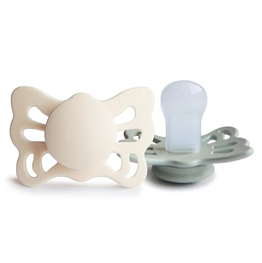 FRIGG Butterfly Anatomical SilkySoft Silicone Baby Pacifier | Made in Denmark | BPA-Free (Cream/Sage, 0-6 Months)