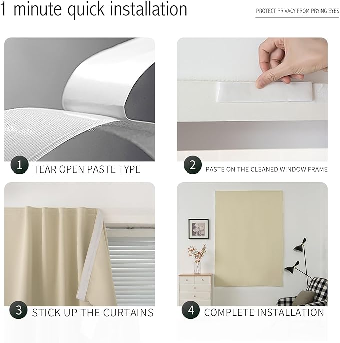 Self Adhesive Portable Blackout Curtains for Bedroom Easy to Install Window Thermal Lnsulated Kitchen Room Darkening Small Window Curtains, Cortinas Para Cuarto, 47"W X 79"L, Beige, 1 Panel