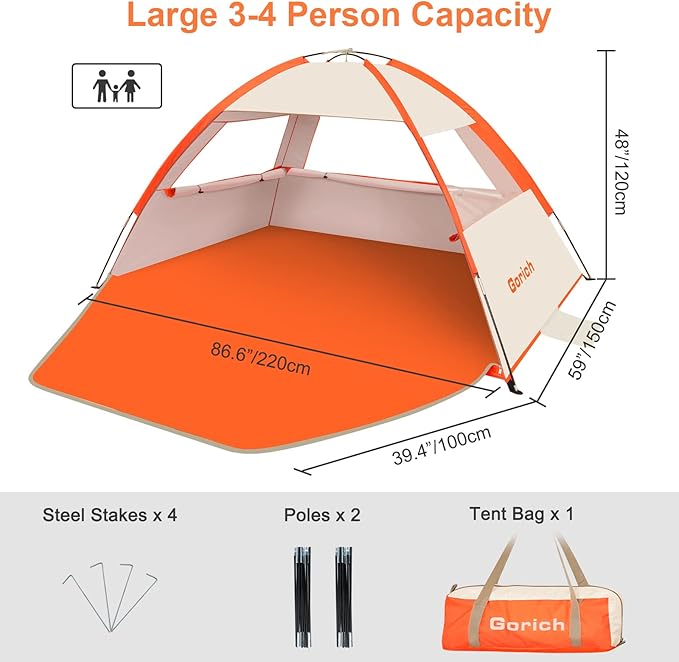 Gorich Beach Tent Sun Shelter for 3/4-5/6-7/8-10 Person with UPF 50＋ UV Protection, Lightweight & Easy Setup Beach Shade Canopy, Portable Beach Shade Tent Beach Cabana