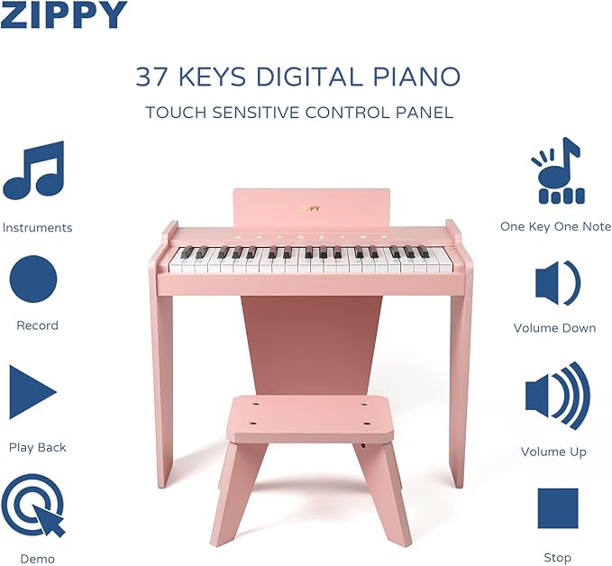 ZIPPY Kids Piano Keyboard, 37 Keys Digital Piano for Kids, Touch Sensitive Control Panel, Built-in Songs, Volume Adjustable, Music Educational Instrument, Wood Piano for 3+ Girls and Boys (Pink Plus)
