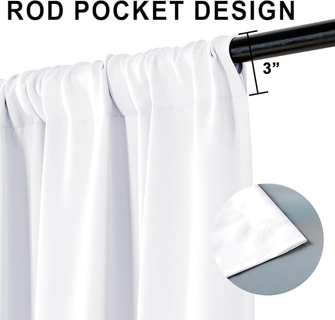XWZO 100% Blackout Curtain Panels - Thermal Insulated Black Liner Rod Pocket Curtains, Noise Reducing and Heat Blocking Drapes for Hall and Studio Windows with Tiebacks, White, W42 x L72, Set of 2