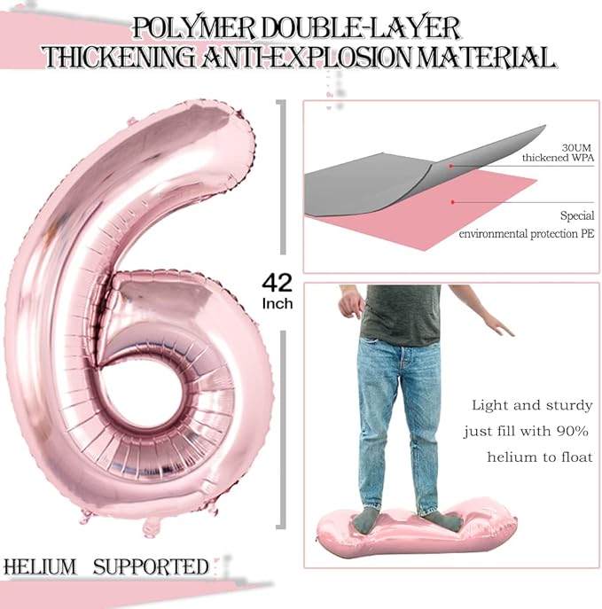 GOER 2 Pcs 42 Inch Rose Gold Foil Balloons Number 6,Huge Number Balloons for 6th 66th Birthday Party Supplies Anniversary Decorations