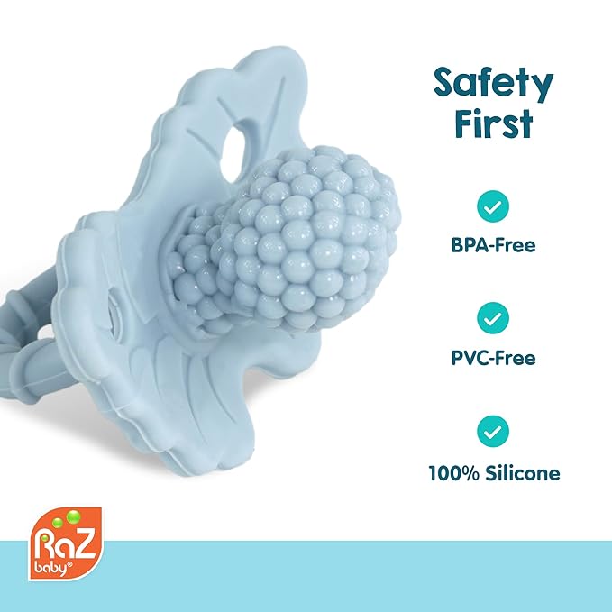 RaZbaby RaZberry Silicone Teether Pacifier – Teething Relief for Infants 3m+, Food-Grade, BPA-Free, Hands-Free, Natural Berrybumps Fruit Texture for Sensory Development, Freezable 2-Pack, Blue & Grey