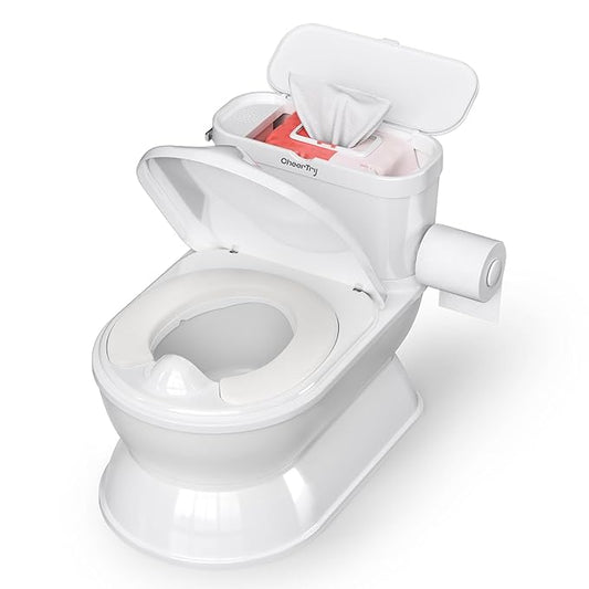 2-in-1 Toddler Potty Training Toilet - Larger Potty Chair & Detachable Training Seat for Boys & Girls Ages 1-3 with Flushing Sound, Wipes Storage, Toilet Paper Holder